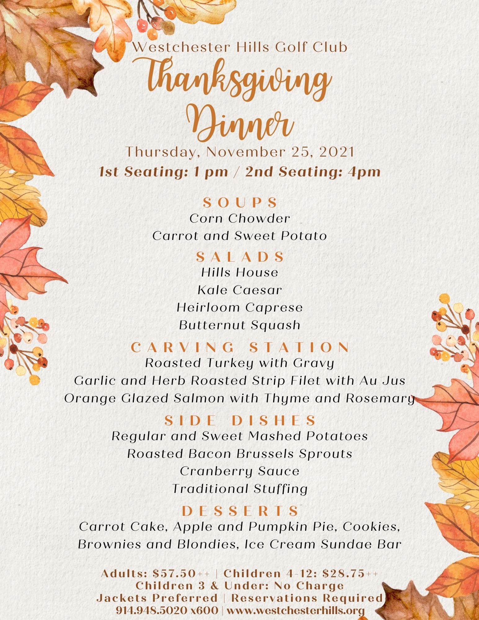 Westchester Hills Golf Club - Calendar Event - Thanksgiving ~ 2nd Seating